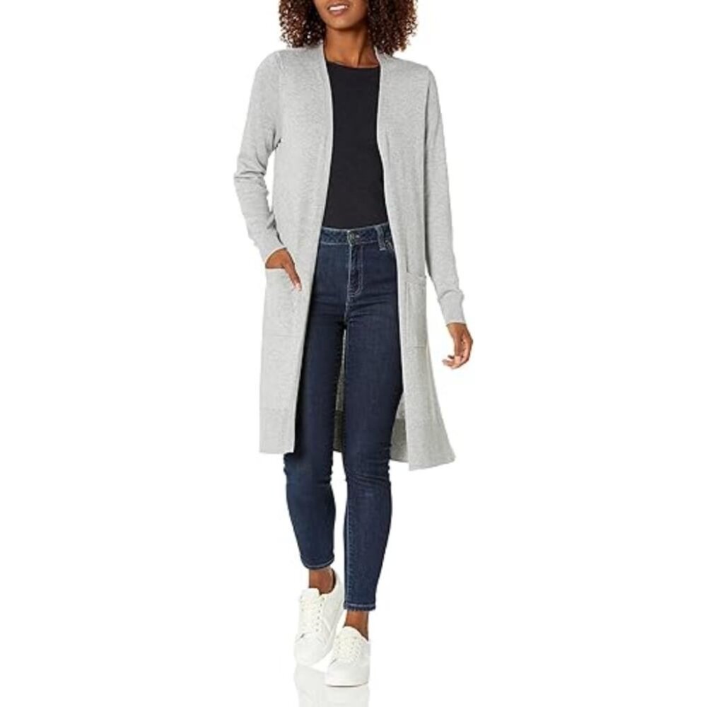 Womens Longer Cardigan Sweater Gray Cotton Lightweight Long Sleeve Pockets